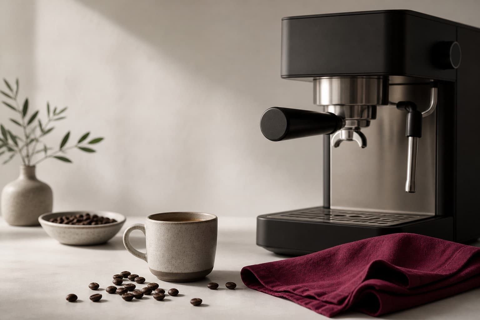 Stillleben: Espressomaschine, Kaffeetasse und Bohnen mit beerenroter Leinenserviette