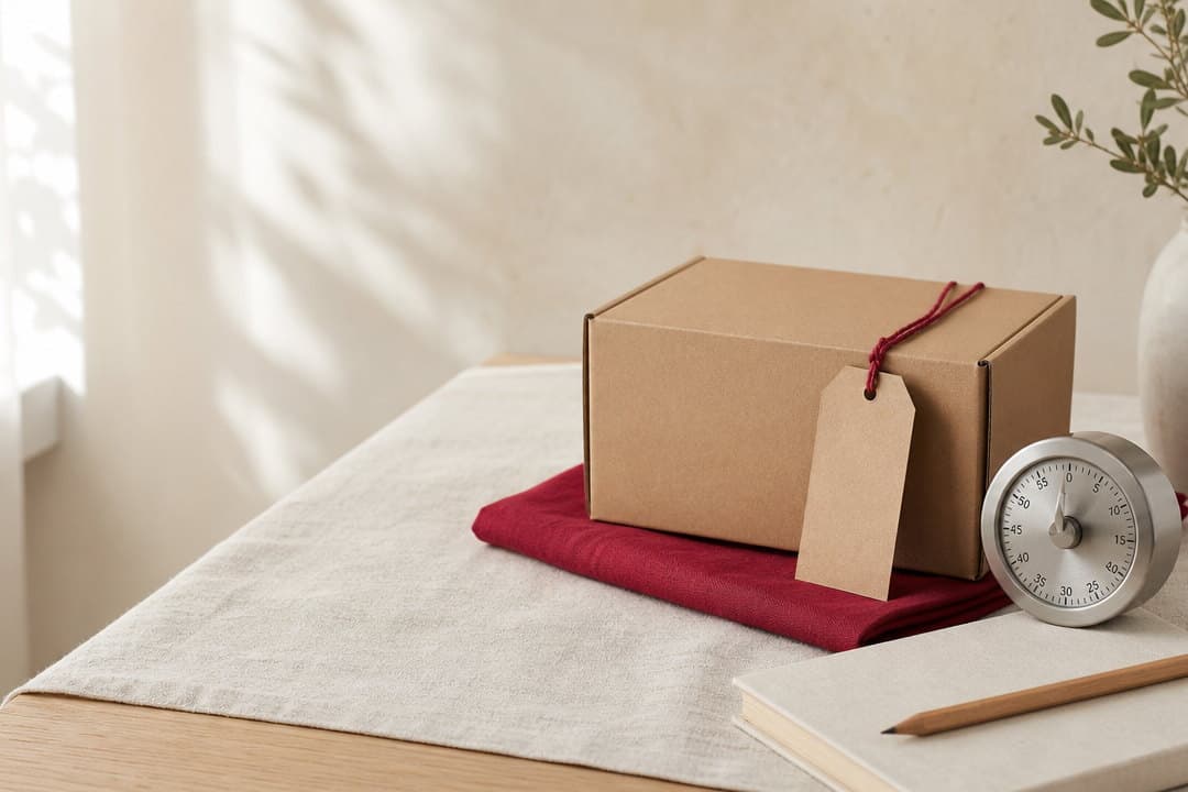 Stillleben: Paket aus Kraftpapier mit Preisanhänger an beerenroter Schnur, Küchentimer und Notizbuch