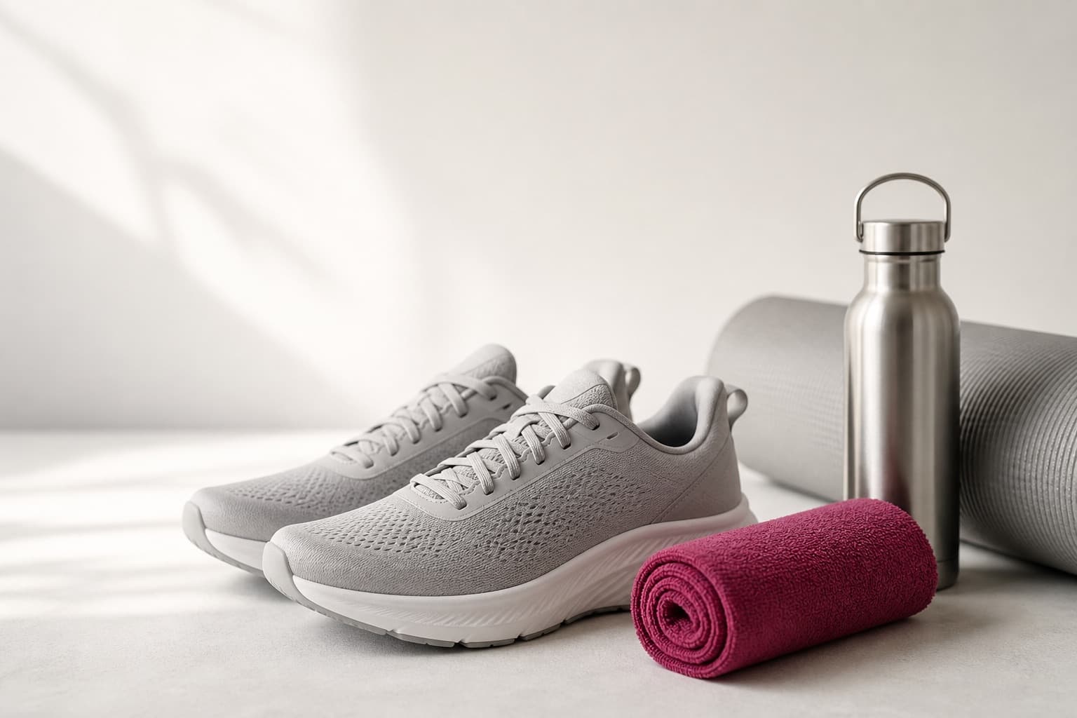 Stillleben: Laufschuhe, Yogamatte und Trinkflasche mit beerenrotem Sporthandtuch