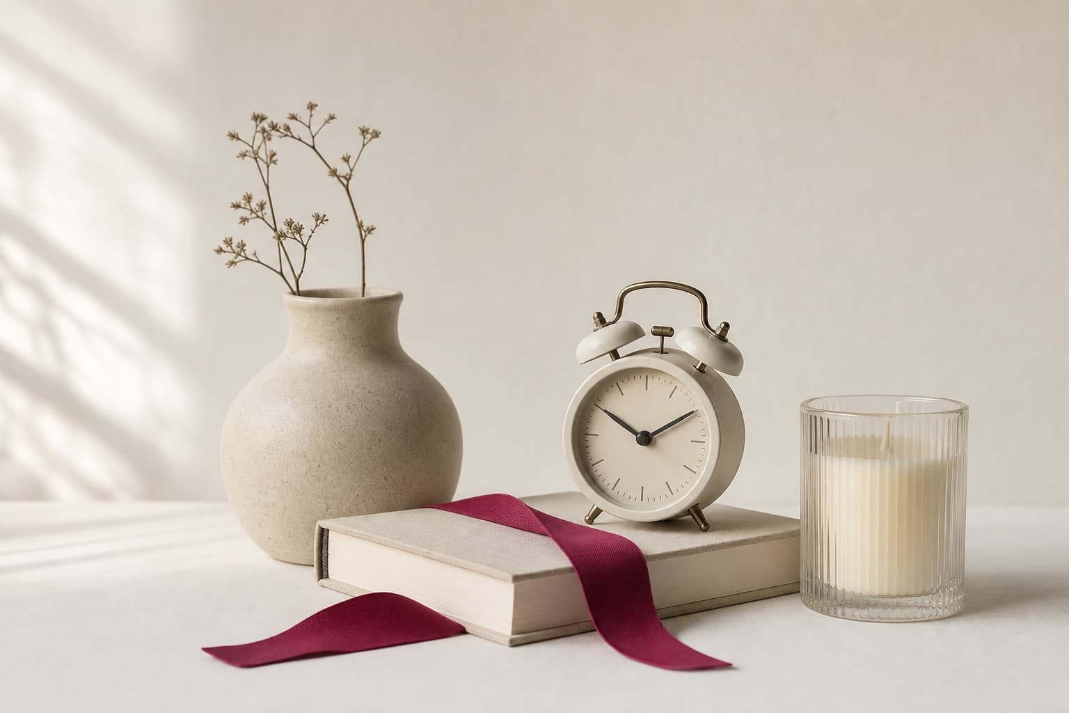 Stillleben: Vase, Buch, Wecker und Kerze mit beerenrotem Band