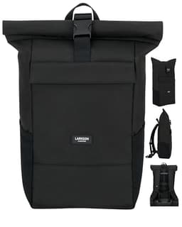 LARKSON Rucksack Herren & Damen Schwarz - No 4 | Rolltop Backpack mit Laptopfach Uni, Arbeit & Fahrrad, Großer Reiserucksack, Wasserabweisend