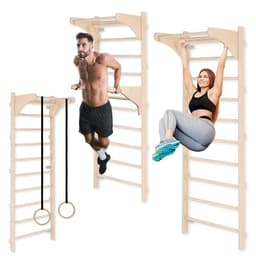 MAMOI Gymnastikleiter für Training mit Griff und Dip-Barren, Sprossenwand mit verstellbaren Holzringen für Krafttraining und Stretching, Wandmontage